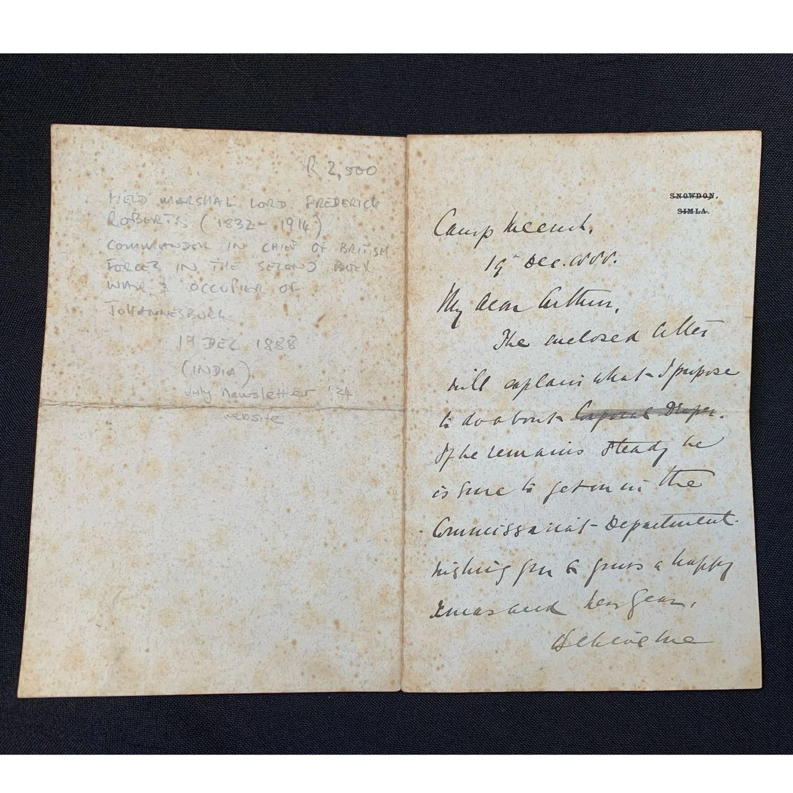 Signed Field Marshal Roberts letter (1888) R2,500