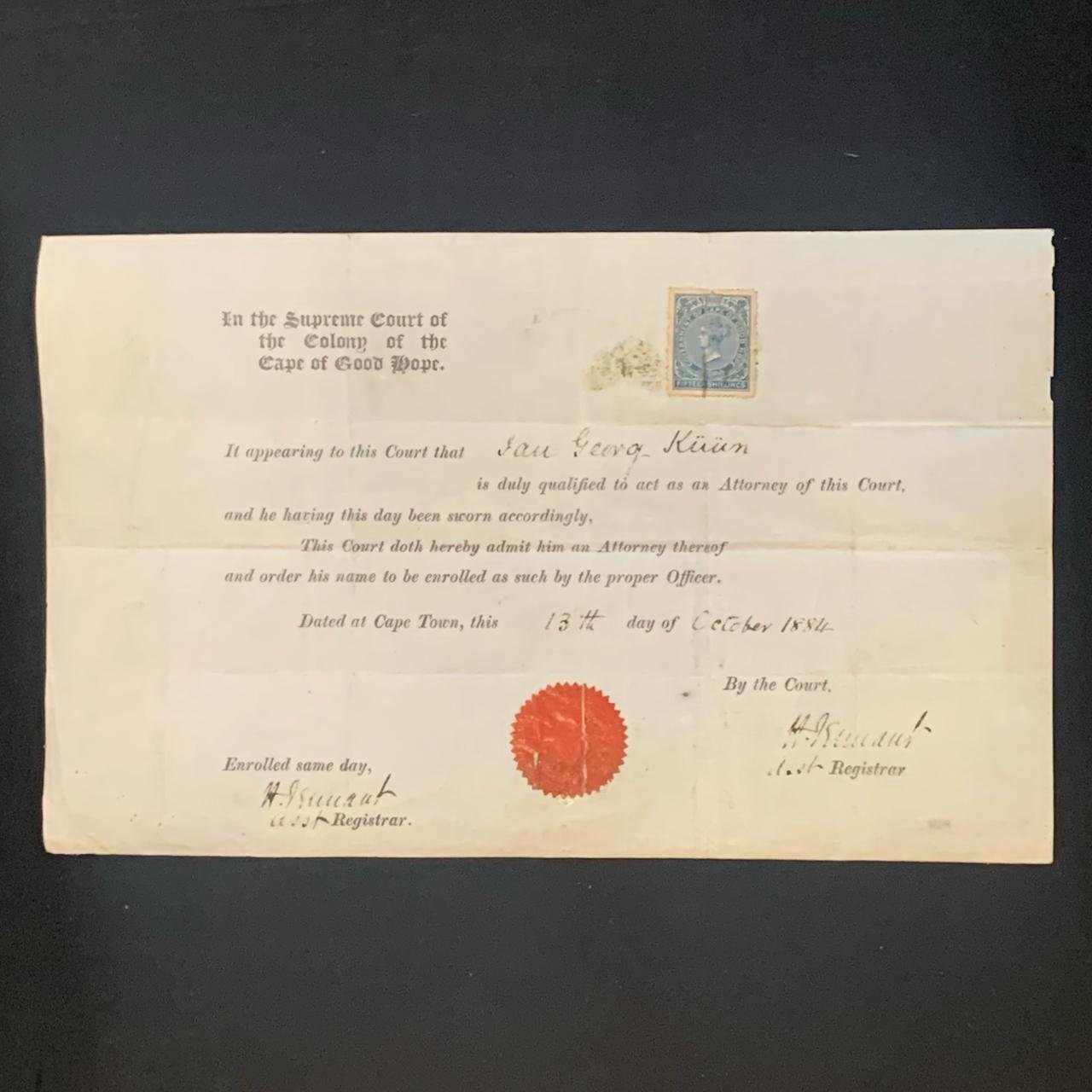 License to Act as an Attorney 1884 R1,250