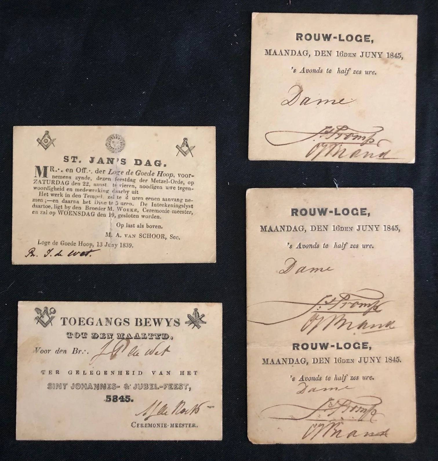 Four Admission tickets for the Masonic lodge de Goede Hoop in Cape Town (c.1845)