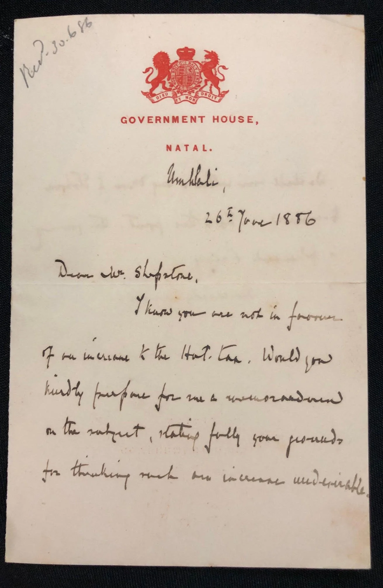 Letter Regarding Hut Tax from the Governor of Natal Sir Arthur Elibank Havelock to Sir Theophilus Shepstone (1886)