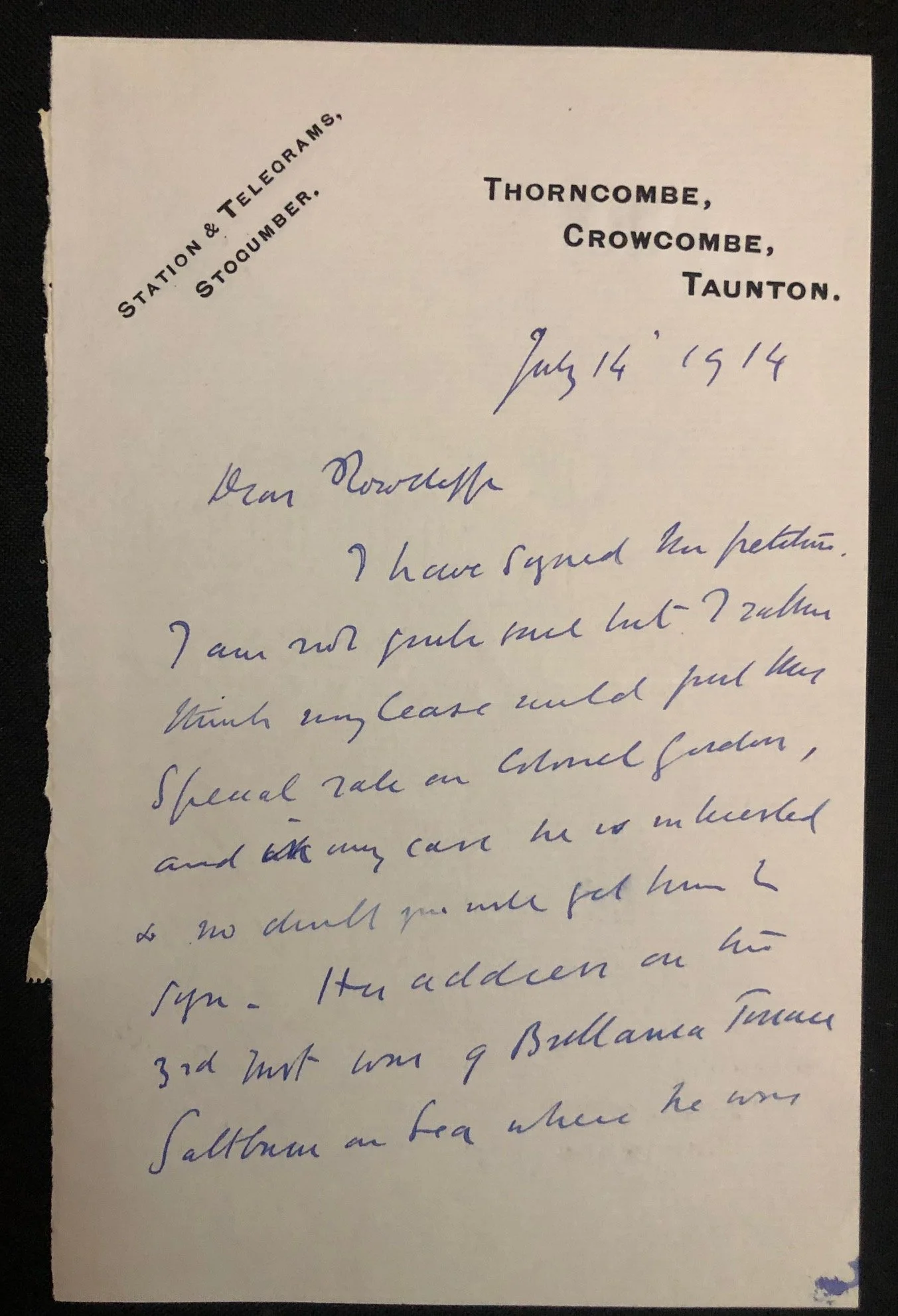 Letter From High Court Judge, Sir Arthur Moseley Channell 1914. (WW l July Crisis)