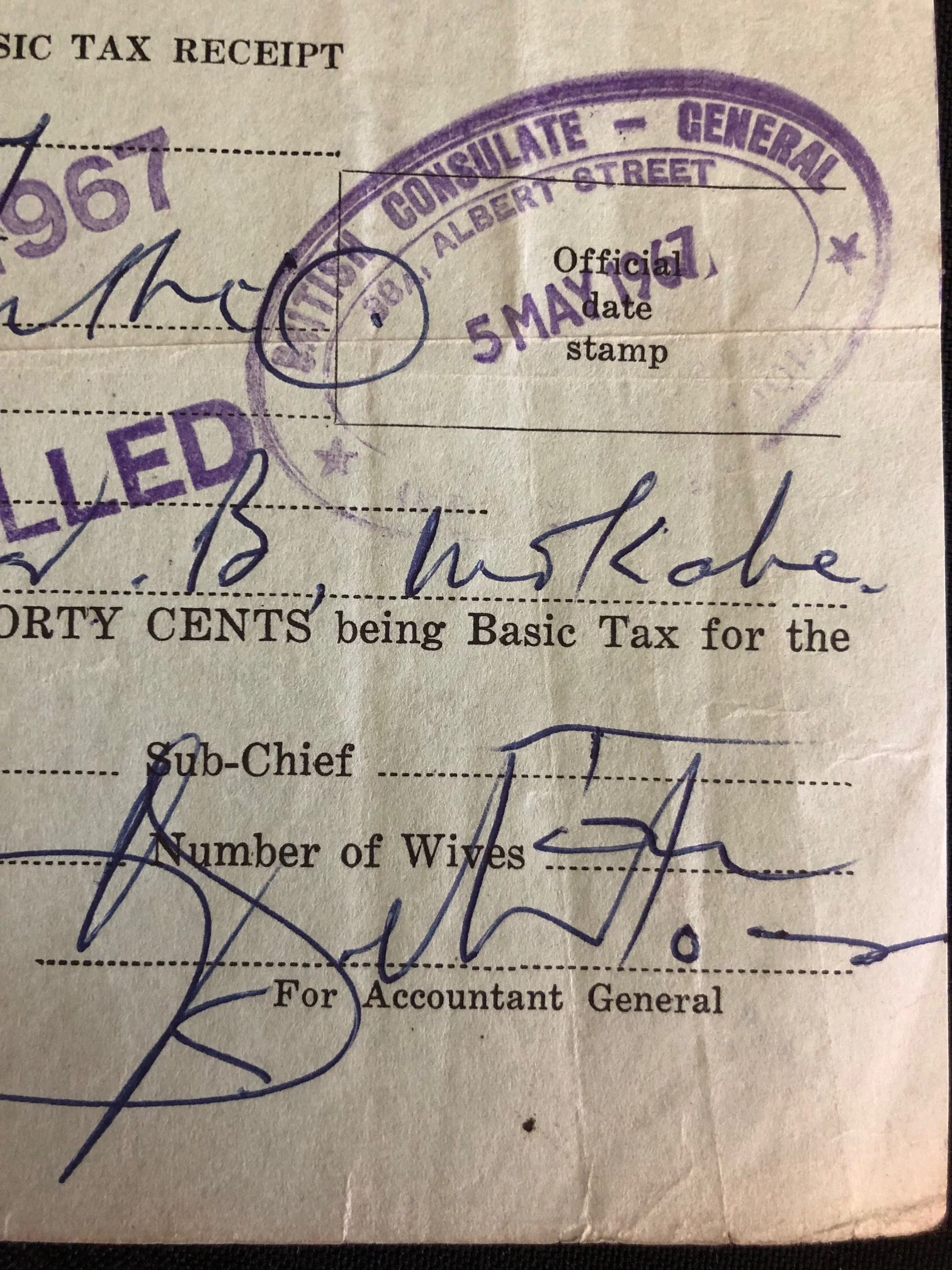 Lesotho Basic Tax Receipt (Segregation and “Hut Tax”) 1967