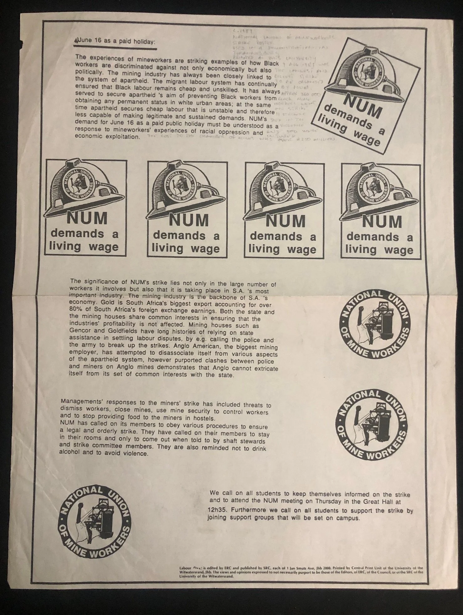 The 1987 NUM Miners' Strike & Student-Worker Solidarity