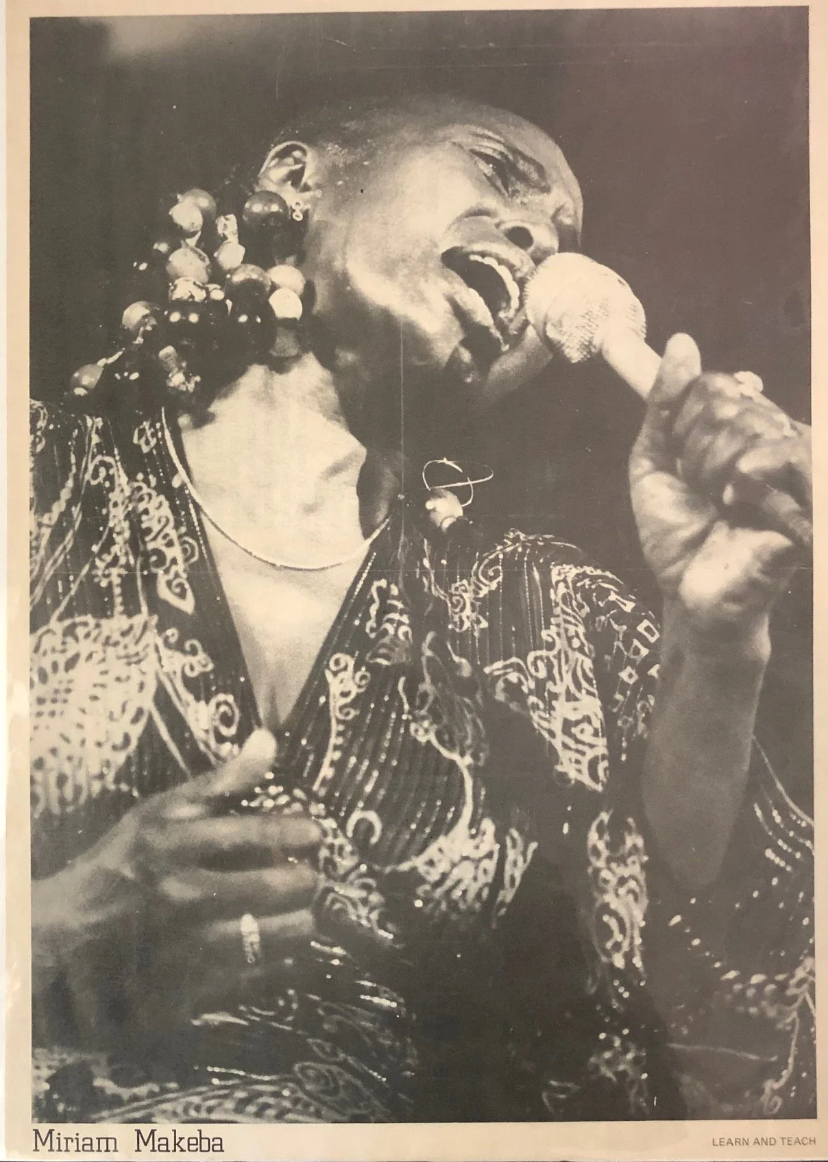 Poster issued by Learn and Teach of anti-apartheid activist and Grammy winner Miriam Makeba. c.1990