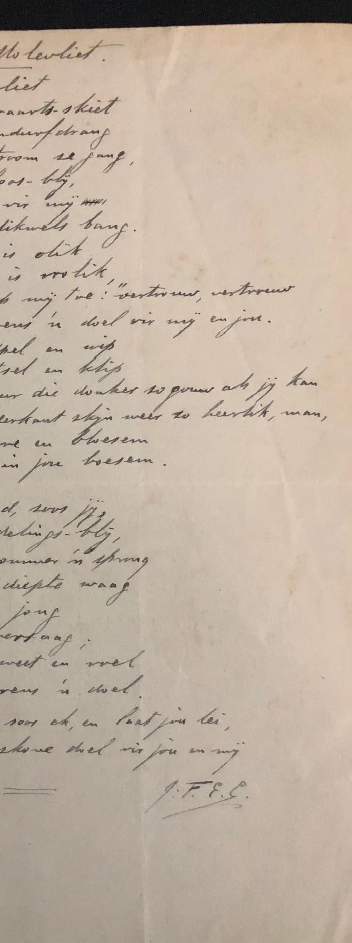 Manuscript poem titled "Die Molevliet" (The Mill Stream) 
By Jan F.E. Celliers (c.1920)