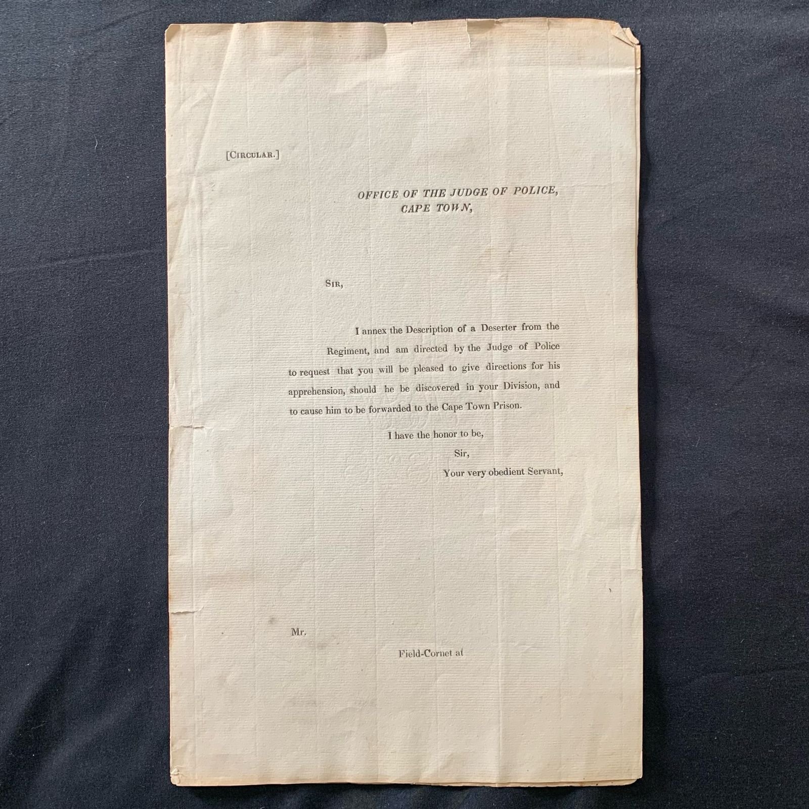 Clerical Letter for a Deserter 1828 R2,000