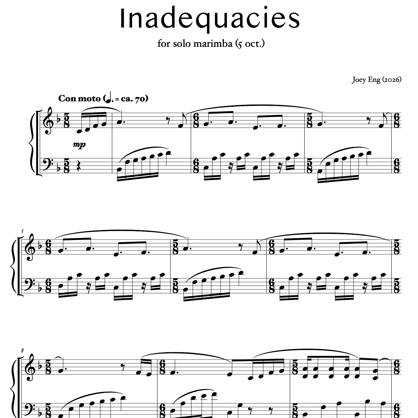 'Inadequacies' for solo marimba (5 oct.)