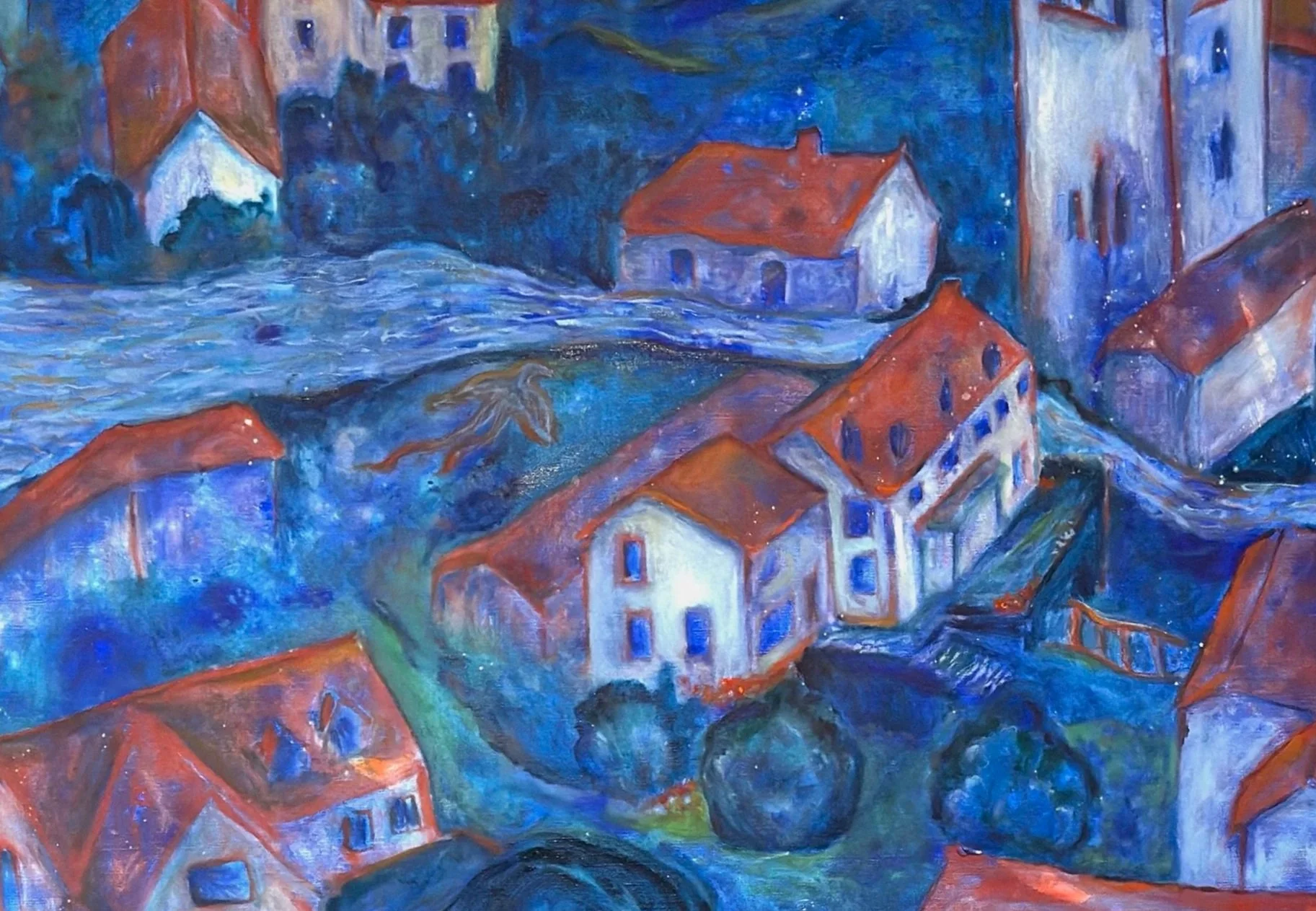 détail huile sur toile. vue du ciel village colombiès Aveyron Jeanne-sophie de peretti