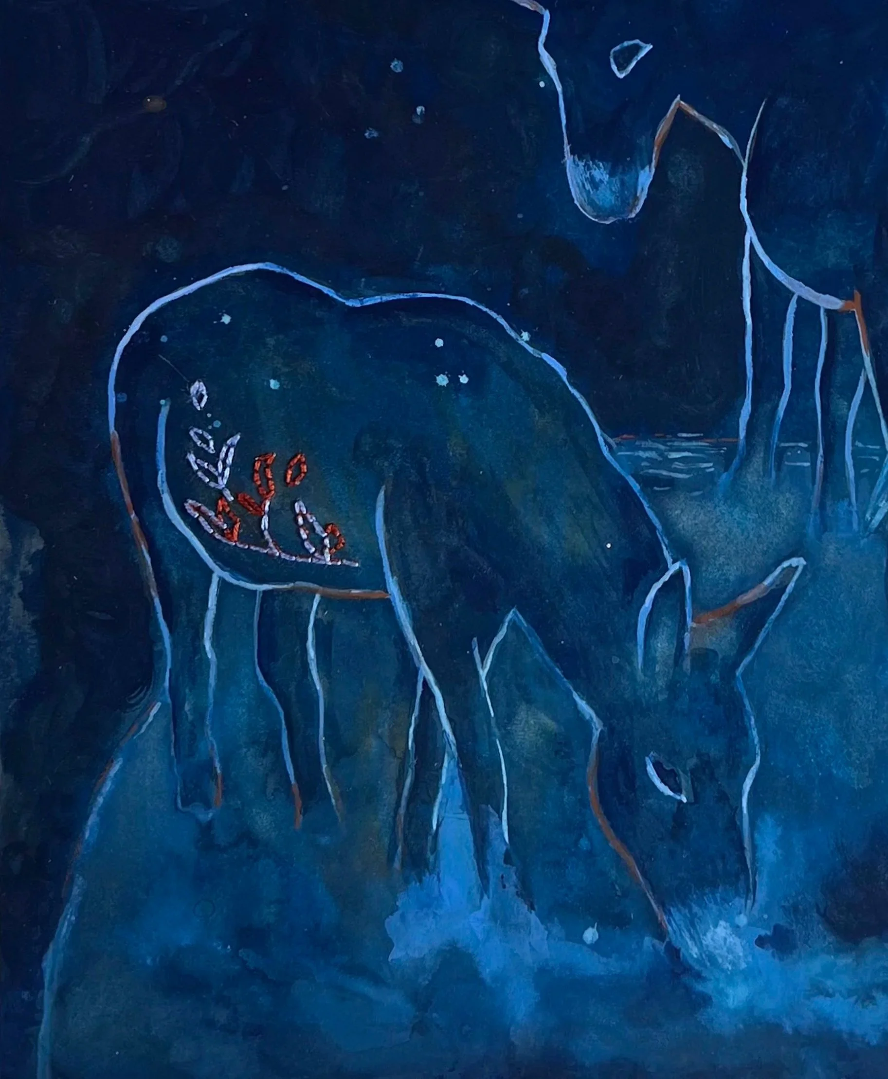 gouache et broderie sur papier. Anes. Jeanne-Sophie de Peretti
