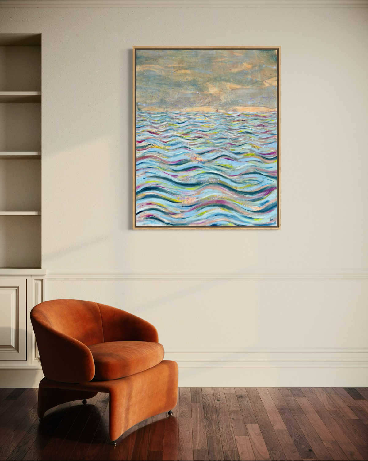 Mise en situation Aube II avec caisse américaine en chêne brut. Intérieur sobre