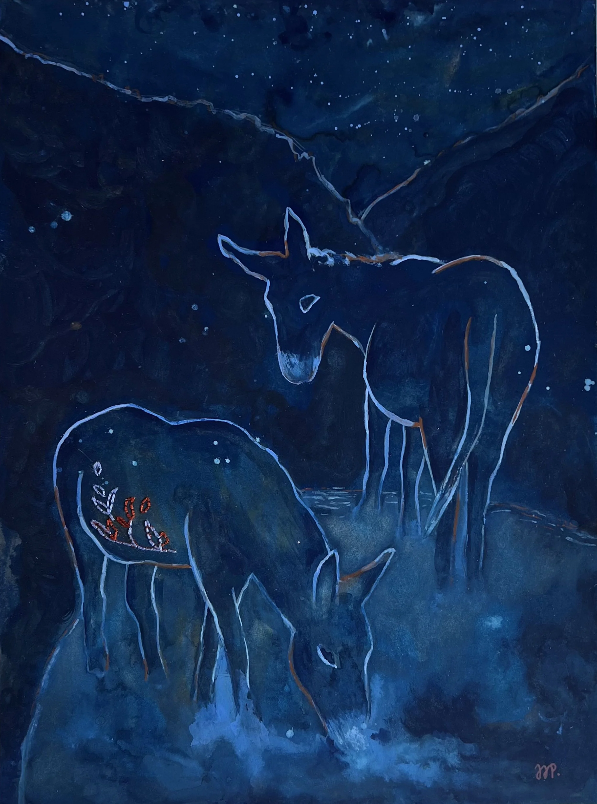couple d'ânes dans la nuit étoilée. Gouache et broderie sur papier par l'artiste Jeanne-Sophie de Peretti