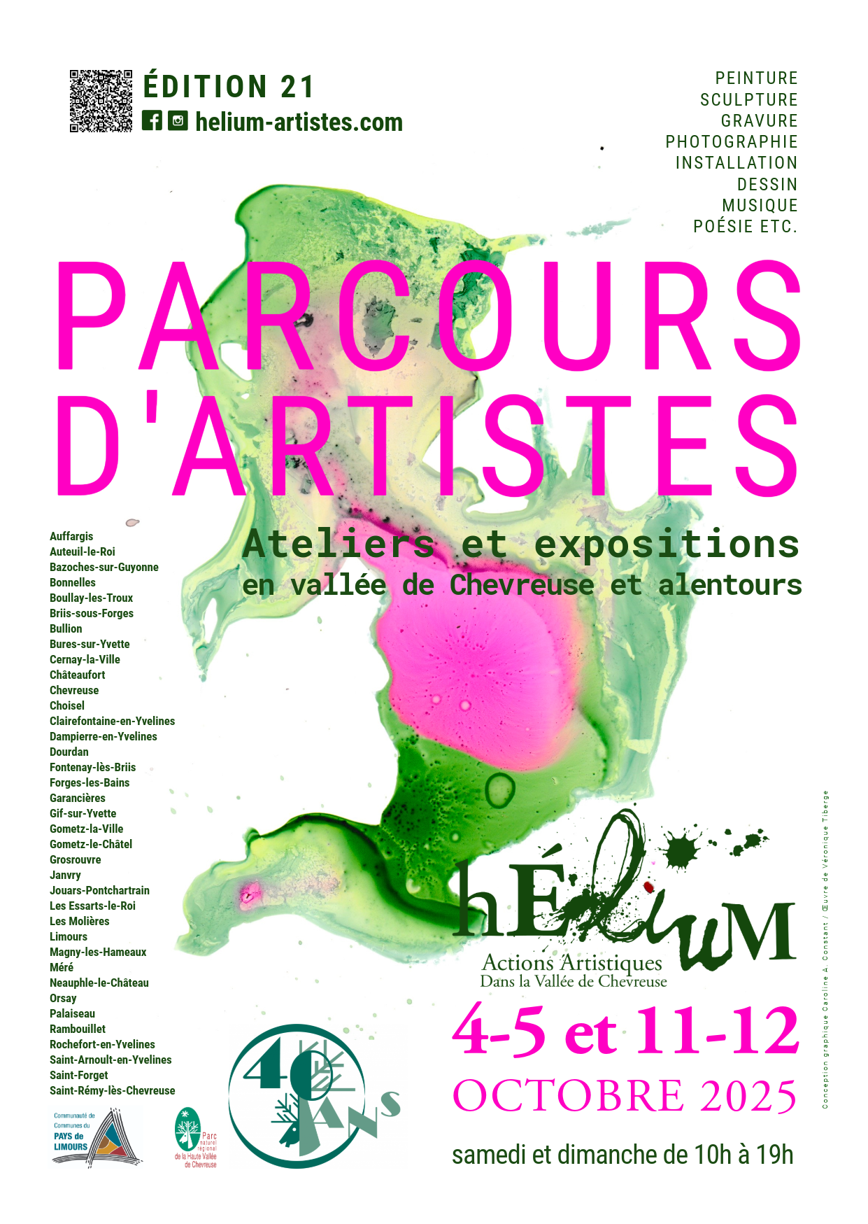 Affiche annonçant le parcours d'artistes et expositions en vallée de Chevreuse, avec dates 4-5 et 11-12 octobre 2025, comprenant diverses activités artistiques et plusieurs communes partenaires.