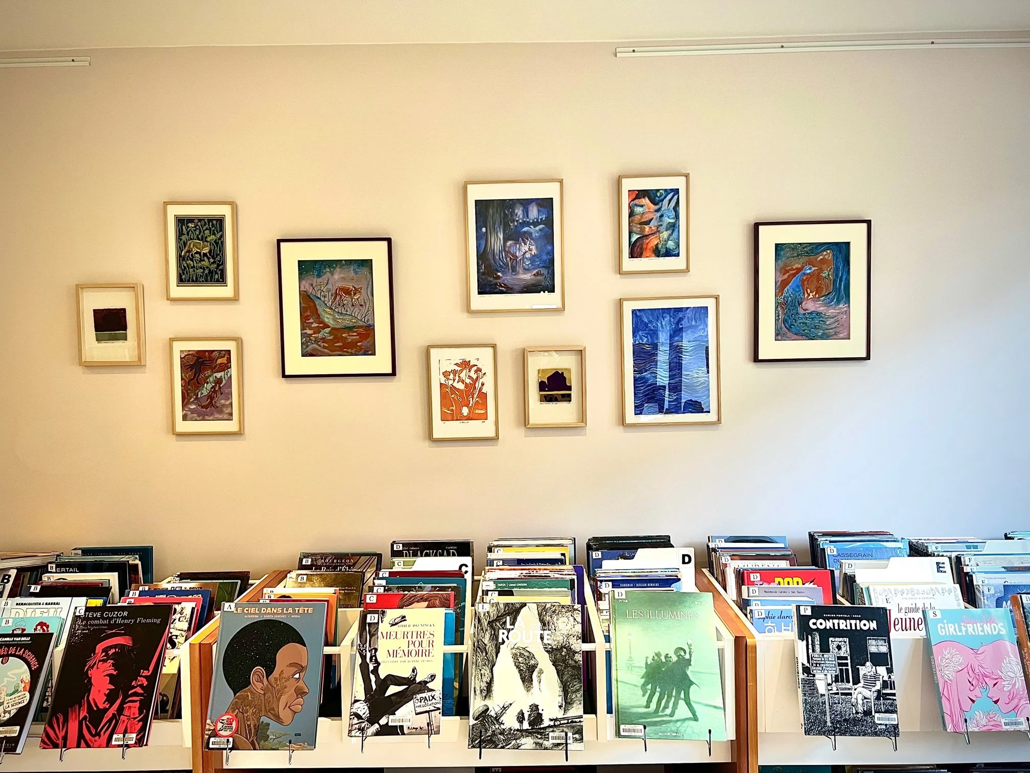 Exposition de Jeanne-Sophie de Peretti à la bibliothèque de Garancières. Il y a des livres exposés sur des tables basses, le mur en arrière-plan décoré avec plusieurs œuvres d'art encadrées de Jeanne-Sophie.