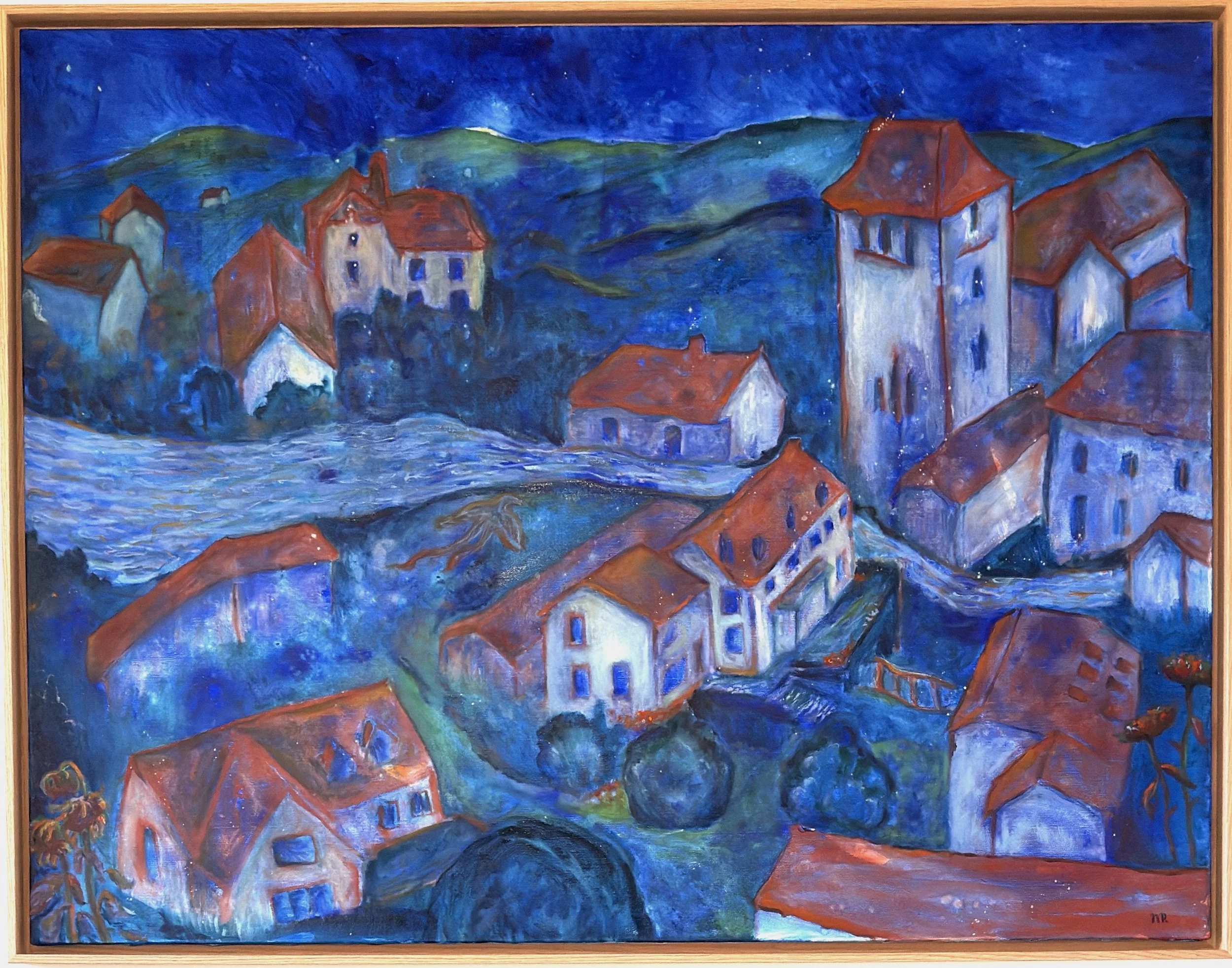 Peinture à l'huile. Jeanne-Sophie de Peretti. Colombiès village Aveyron vu du ciel