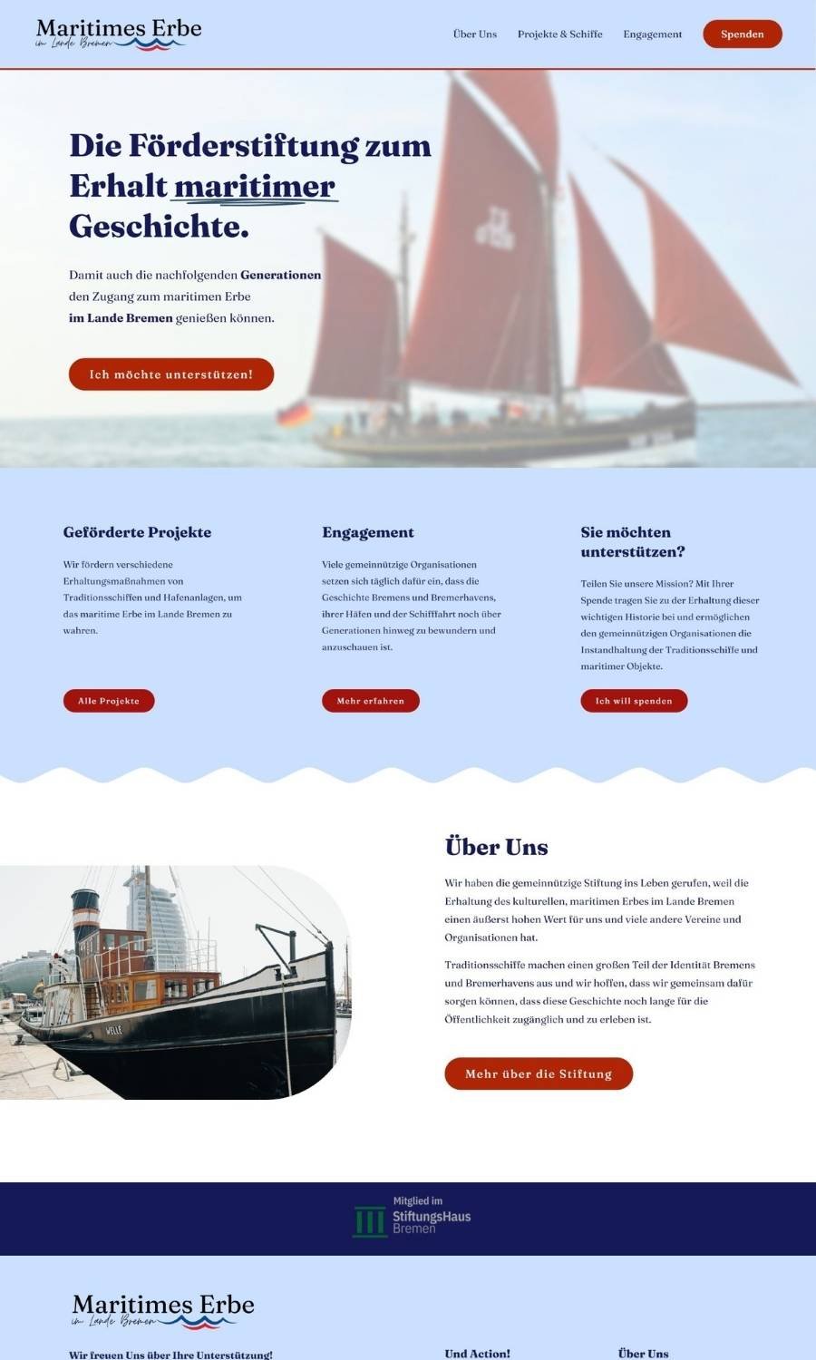 Blaue Website einer maritimen Stiftung mit roten Buttons und Wellenlinien
