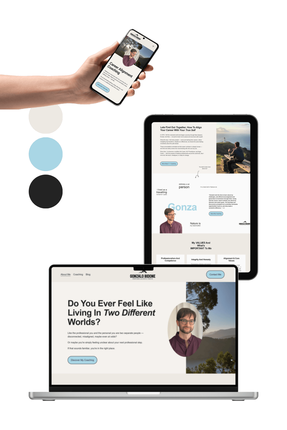 Beige hellblaue Website mit Blog für leises Marketing