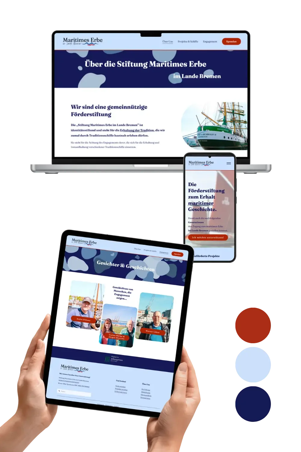 Website in Blau- und Rottönen für maritime Stiftung