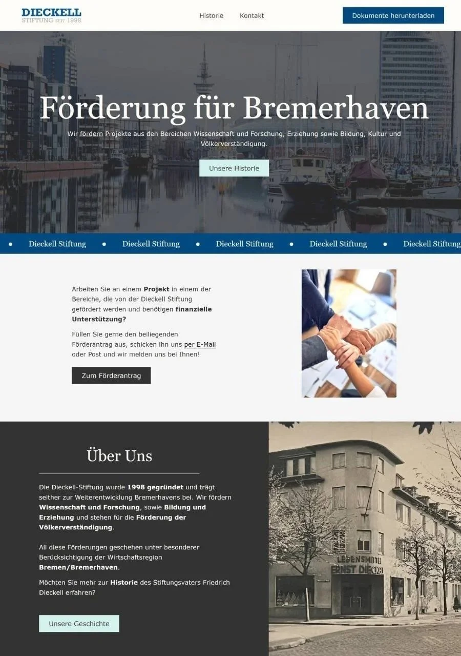 Blau, beige, graue Dieckell Stiftung Website
