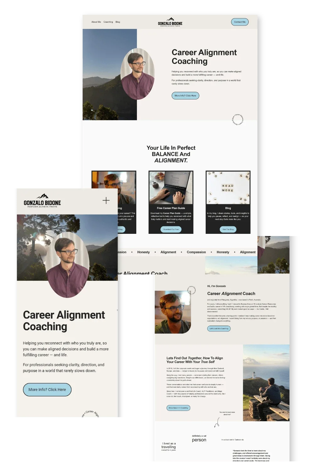 Fertige Website, Beigetöne mit dunkelgrau und hellblauen Akzenten