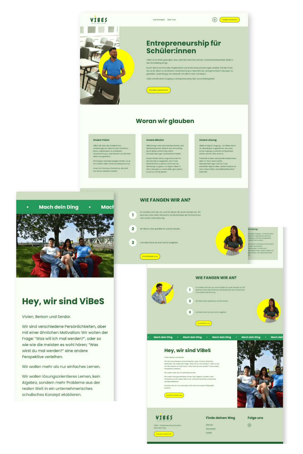 fertige Website von Vibes, hellgrün mit dunkelgrünen und knallig gelben Akzenten