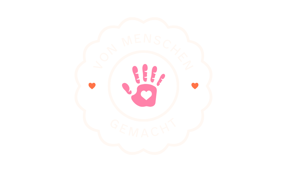 Badge mit Aufschrift Webdesign von Menschen gemacht, mit Handabdruck und Herzchen