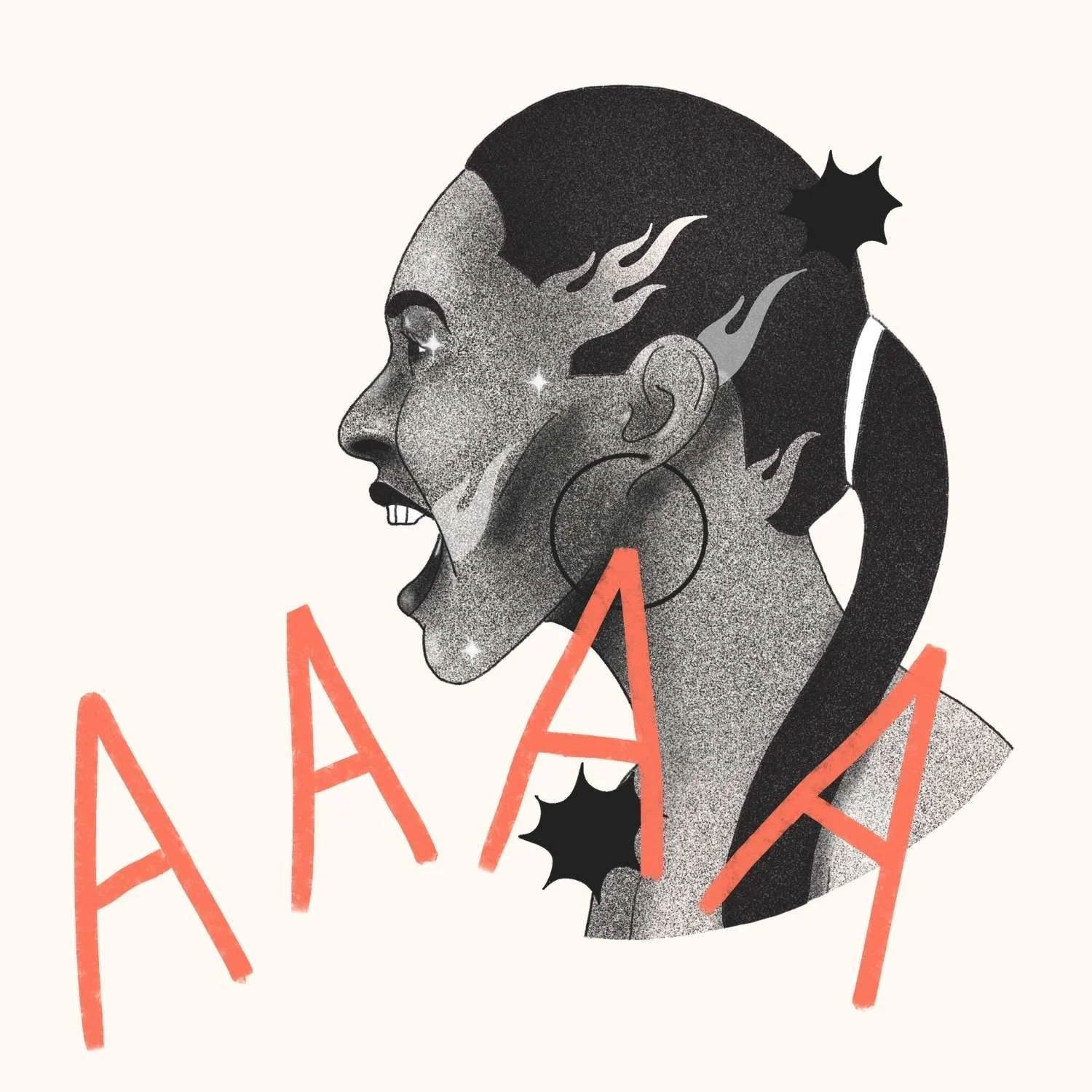 Illustration einer Frau mit dunklen Haaren, die laut schreit, davor die Buchstaben AAAA