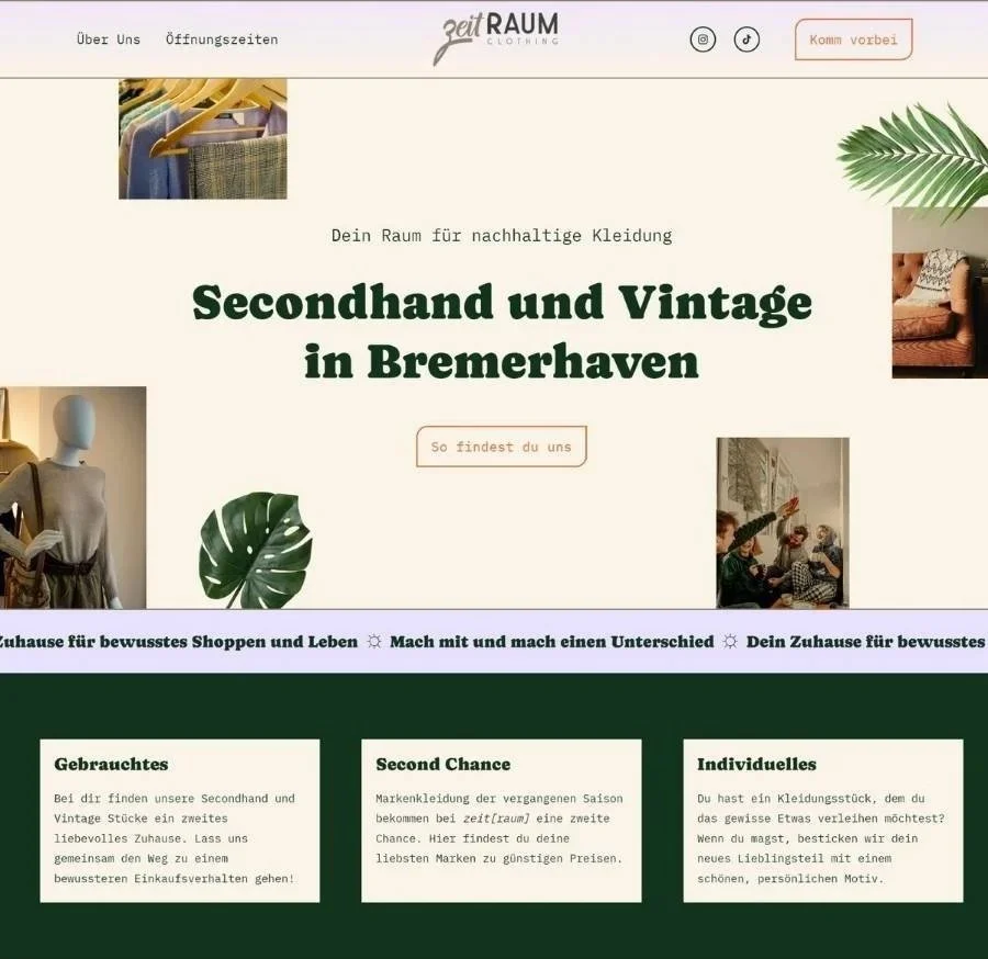 Website ZeitRaum Secondhandladen in beige, dunkelgrün und flieder
