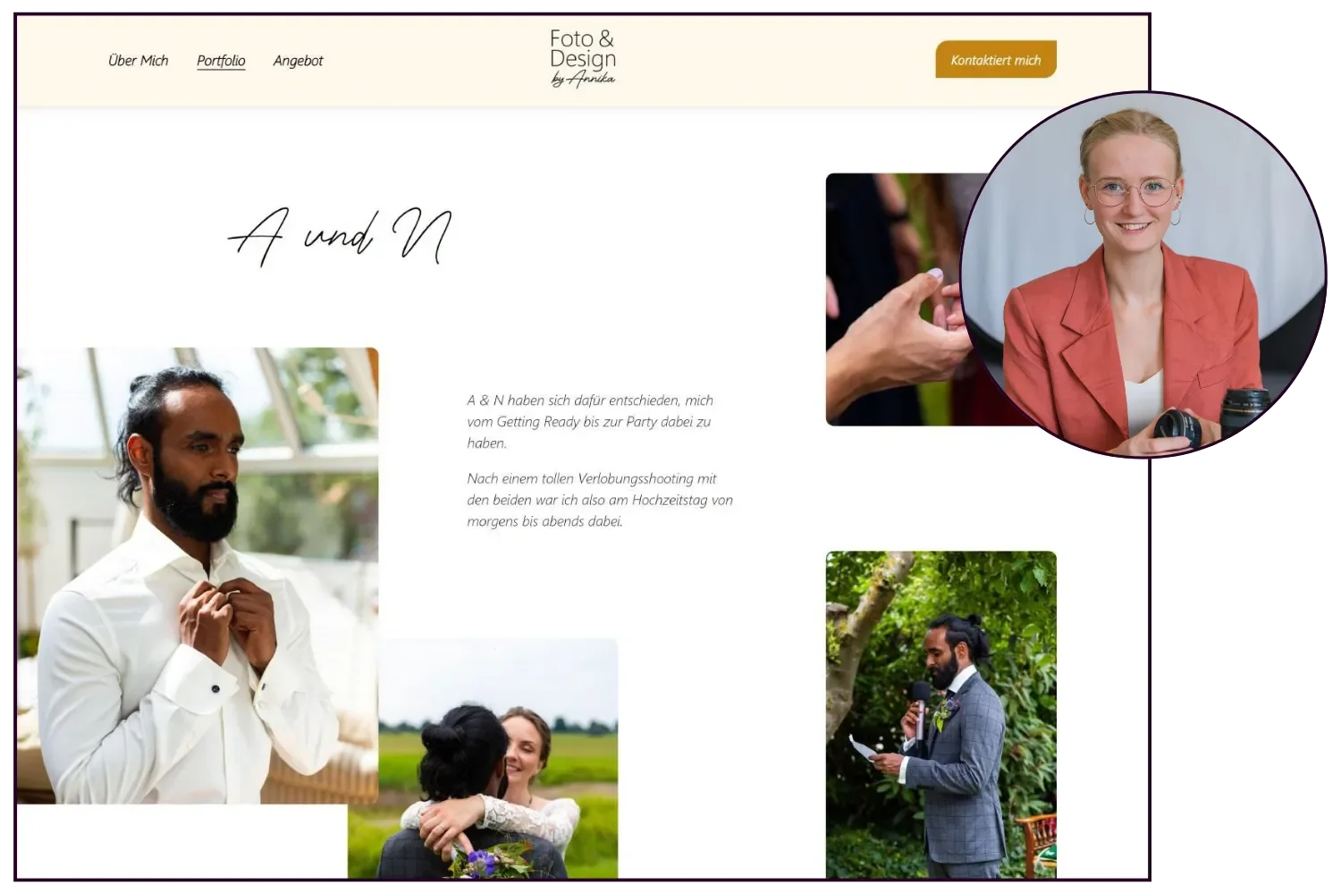 Fotografin Annika mit Kamera in der Hand und ihre professionelle Website die sie erstellen lassen hat im Hintergrund