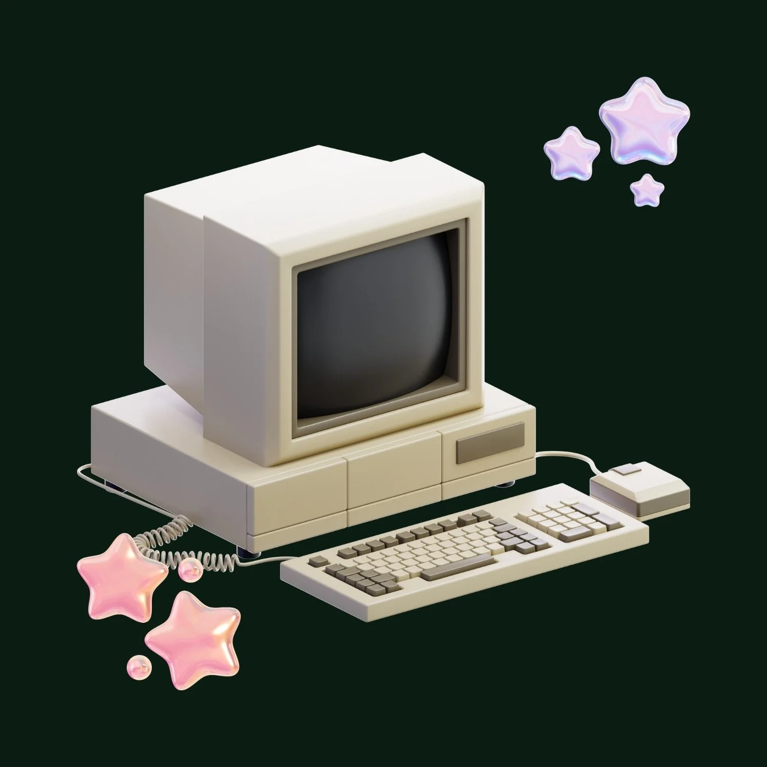 alter Computer mit Tastatur, Maus und 3D Dekosternen