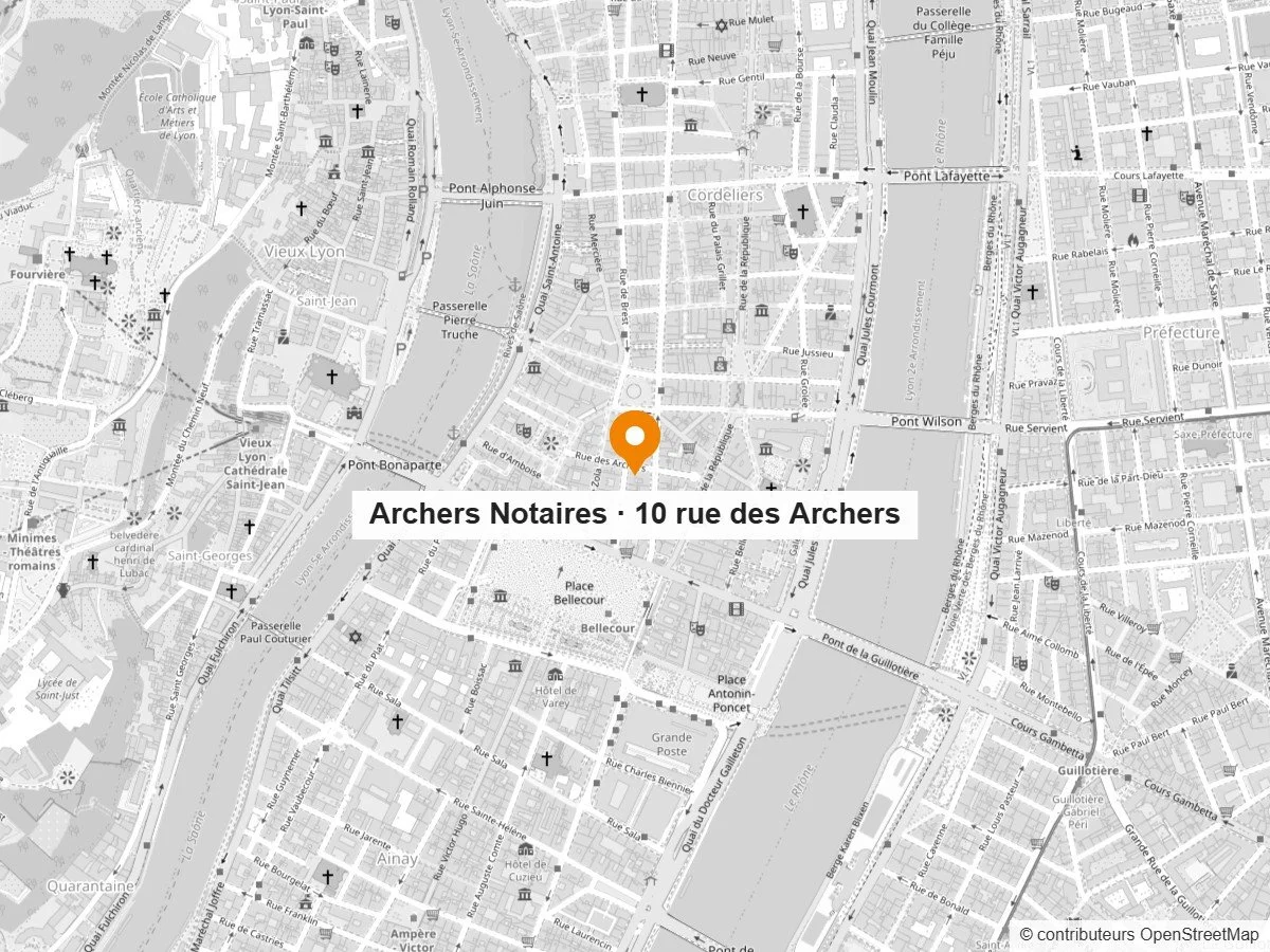 Plan d'accès à l'étude Archers Notaires, 10 rue des Archers, Lyon 2e, près de la place Bellecour
