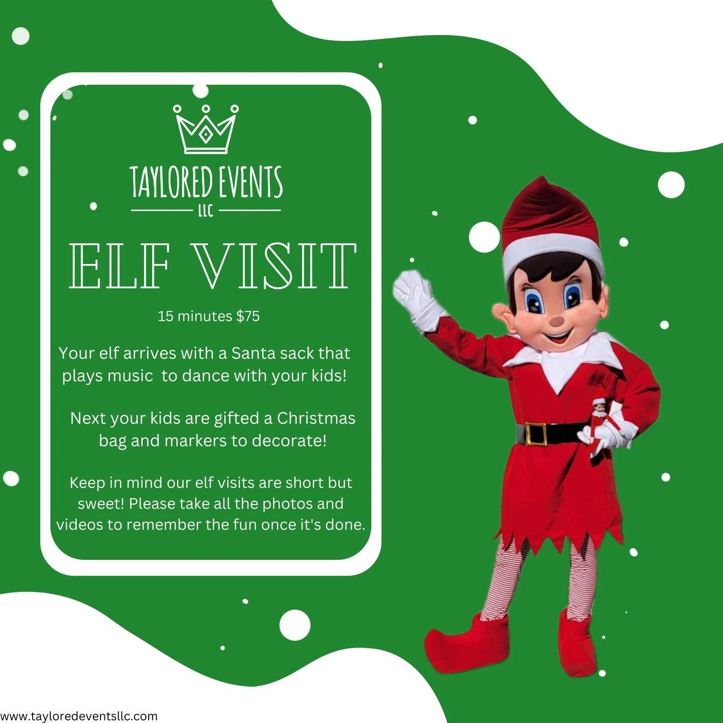 🎁Take a day off from moving your elf- bring it to LIFE! Our elf will skip merrily to your front door to give the kiddos hugs, a gift, and dance to Christmas music games! 
We ask that you try to keep these bookings during WEEKDAYS! We keep weekends o