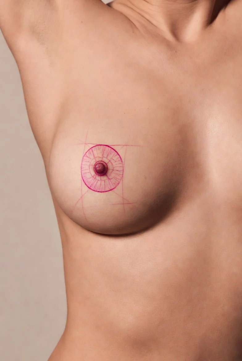 Une femme areole sein mastectomie reconstrcution post cancer du sein nue avec un dessin technique de cercle sur son sein gauche, semblable à un plan ou un schéma médical.