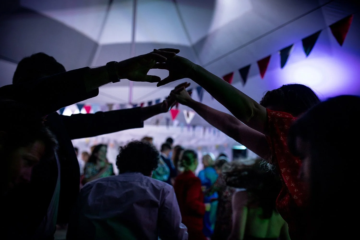 wedding guests holding hands in dancefloor
