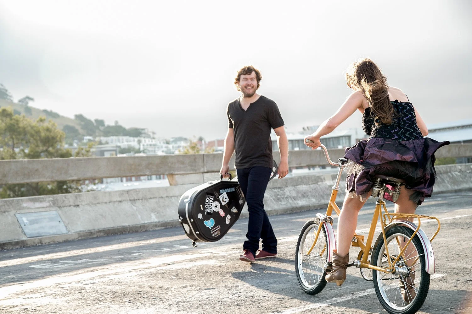 couple laughing in street during couple shoot