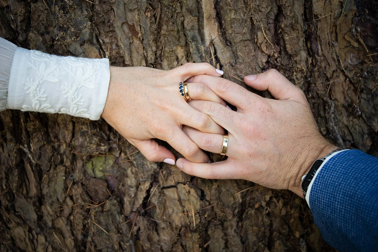bride and groom's hands intertwined on top of tree