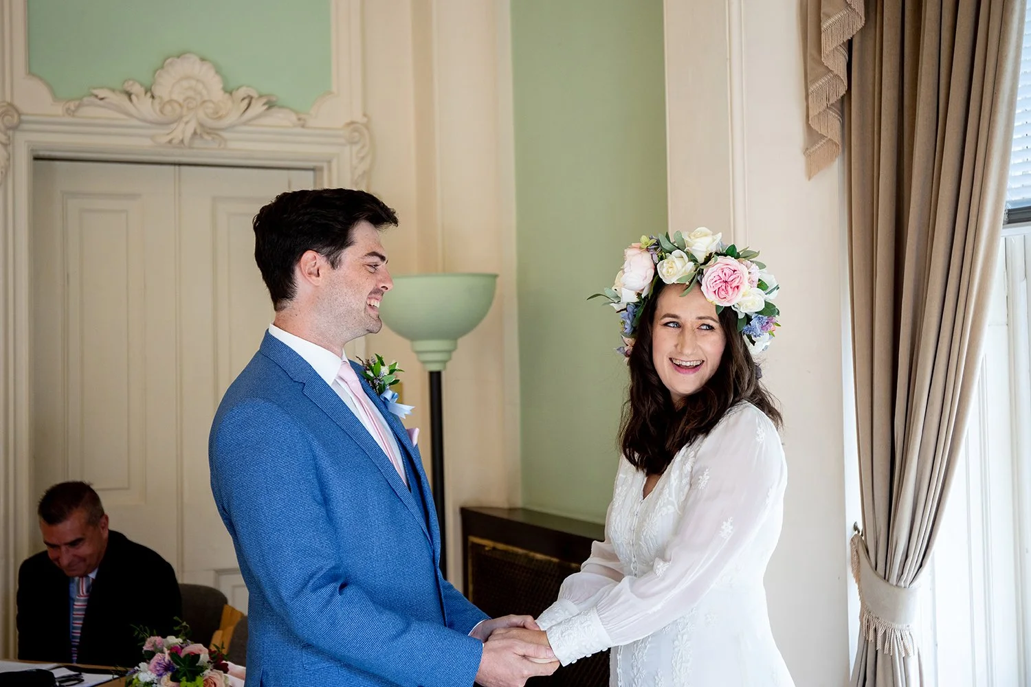bride and groom getting married at Totnes town hall