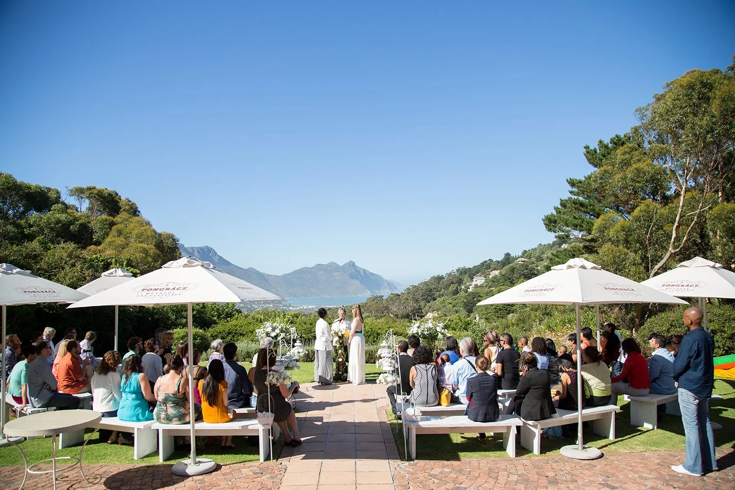 guests watching a same sex wedding