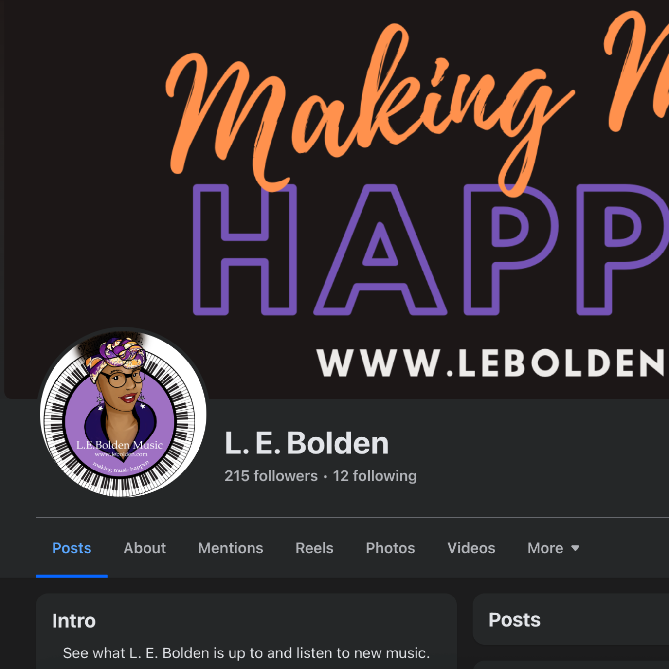 Screenshot of L. E. Bolden's social media profile with a profile picture of a woman with glasses and headwrap, and a cover photo with the text 'Making Music Happy' and the website 'www.lebolden.com'.