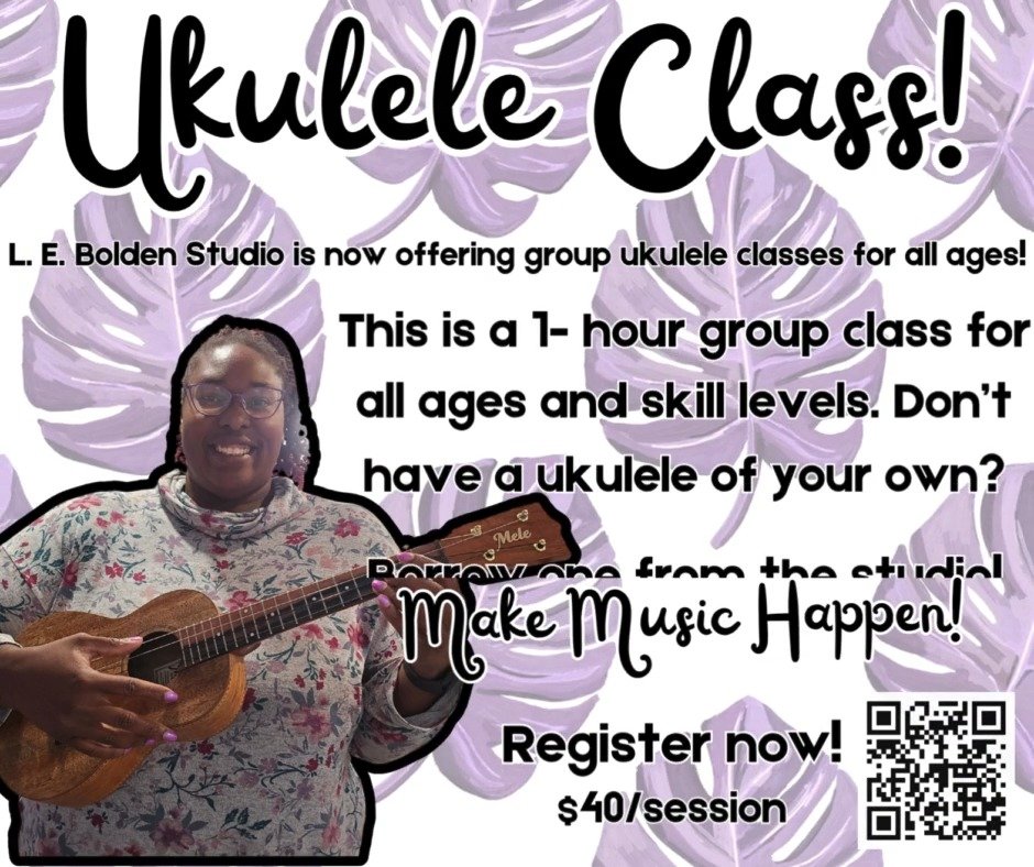 Interested in learning to play the ukulele? L. E. Bolden Studio's got you covered! Whether you've played before or your a complete beginner, this group lesson will meet you where you are! Register Now! https://forms.gle/jbp2itoWiiSRc5FJ8
#Ukulele #O
