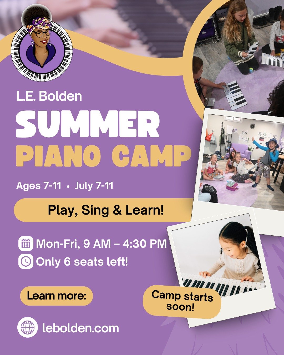 This is your last week to register for piano camp at L. E. Bolden Studio! This camp starts next week and will certainly be a blast! Register here: https://forms.gle/kk3WpHnP7XP4PKR49
