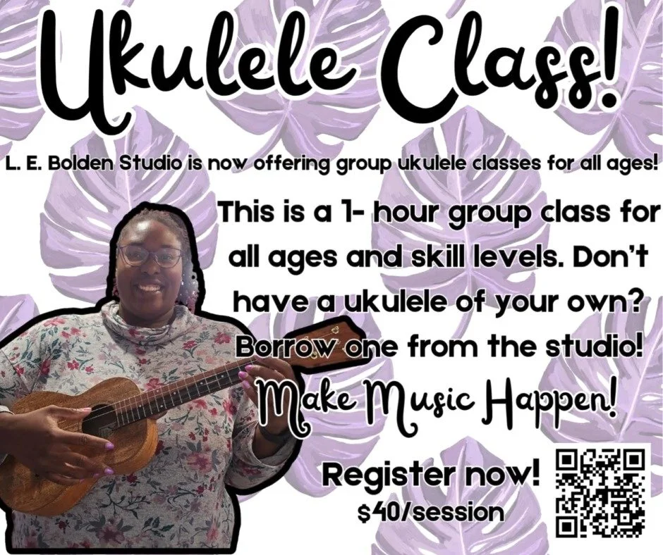 It's not too late to sign up for #Ukulele Class at L. E. Bolden Studio! Whether you're new to ukulele or you're a ukulele master, this class/jam session is sure to be a blast! Bring your own instrument or borrow from the studio! Either way, Make Musi