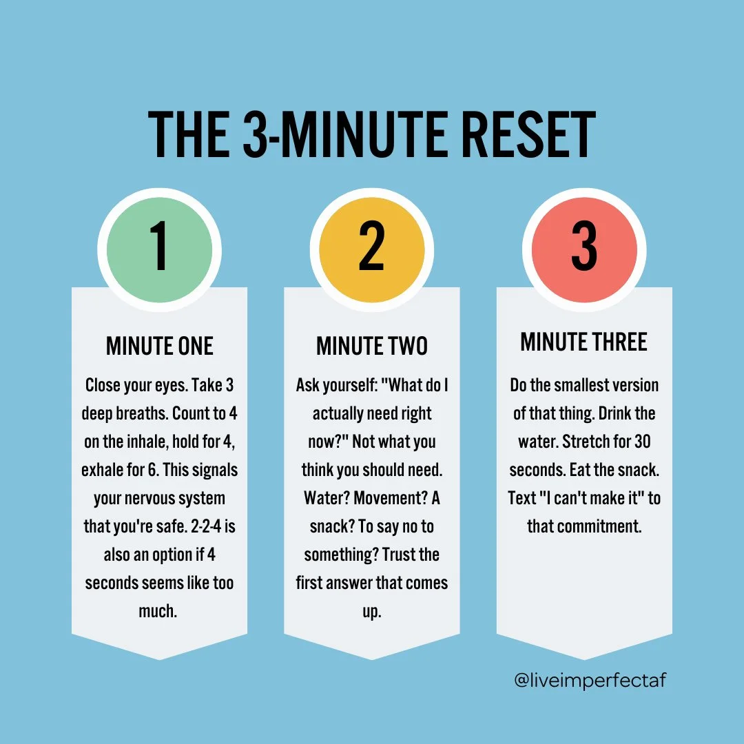 🔋 When you're running on fumes + don't have time for a full stop, try this 3-minute energy management hack. I call it the 3-Minute Reset + it's saved me more times than I can count:⁠
⁠
1️⃣ Minute 1: Close your eyes. Take 3 deep breaths. Count to 4 o