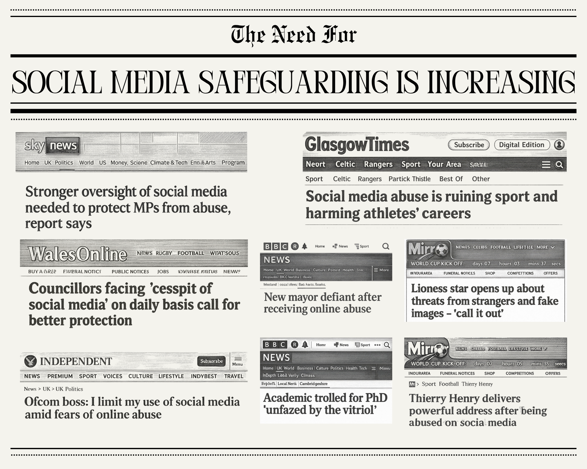 Image of an old fashioned looking newspaper showing lots of clips of online abuse reports, with the title "The need for social media safeguarding is increasing".