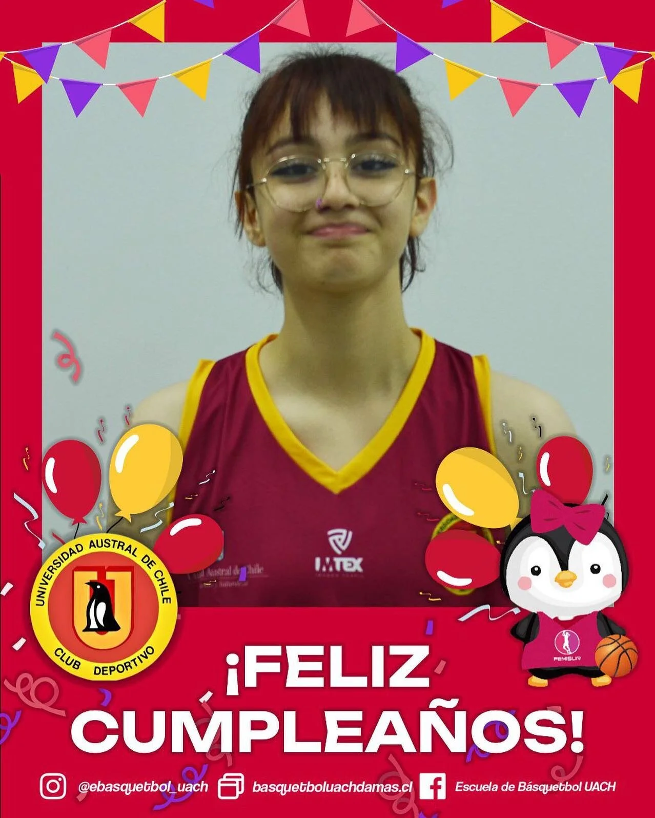 TENEMOS CUMPLEA&Ntilde;OS! 🎂🎉

La Escuela de B&aacute;squetbol UACh le desea un muy FELIZ CUMPLEA&Ntilde;OS!! a Sof&iacute;a Araos, jugadora de nuestra categor&iacute;a U15

Que disfrutes!! 🎉🎁🎈

#pinguinas2023 #cumpleuach
