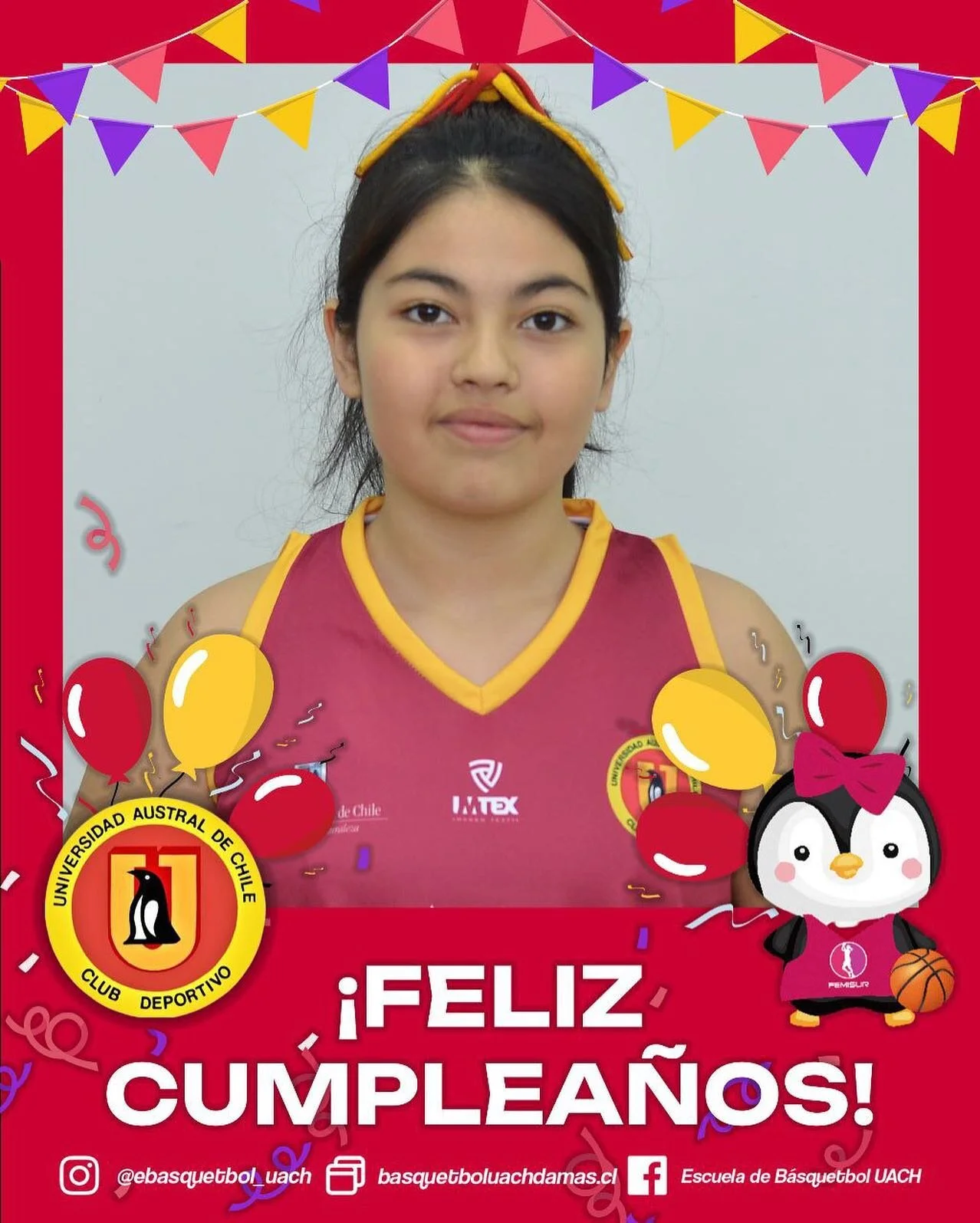 TENEMOS CUMPLEA&Ntilde;OS! 🎂🎉

La Escuela de B&aacute;squetbol UACh le desea un muy FELIZ CUMPLEA&Ntilde;OS!! a Matilde Valenzuela, jugadora de nuestra categor&iacute;a U13

Que disfrutes!! 🎉🎁🎈

#pinguinas2023 #cumpleuach