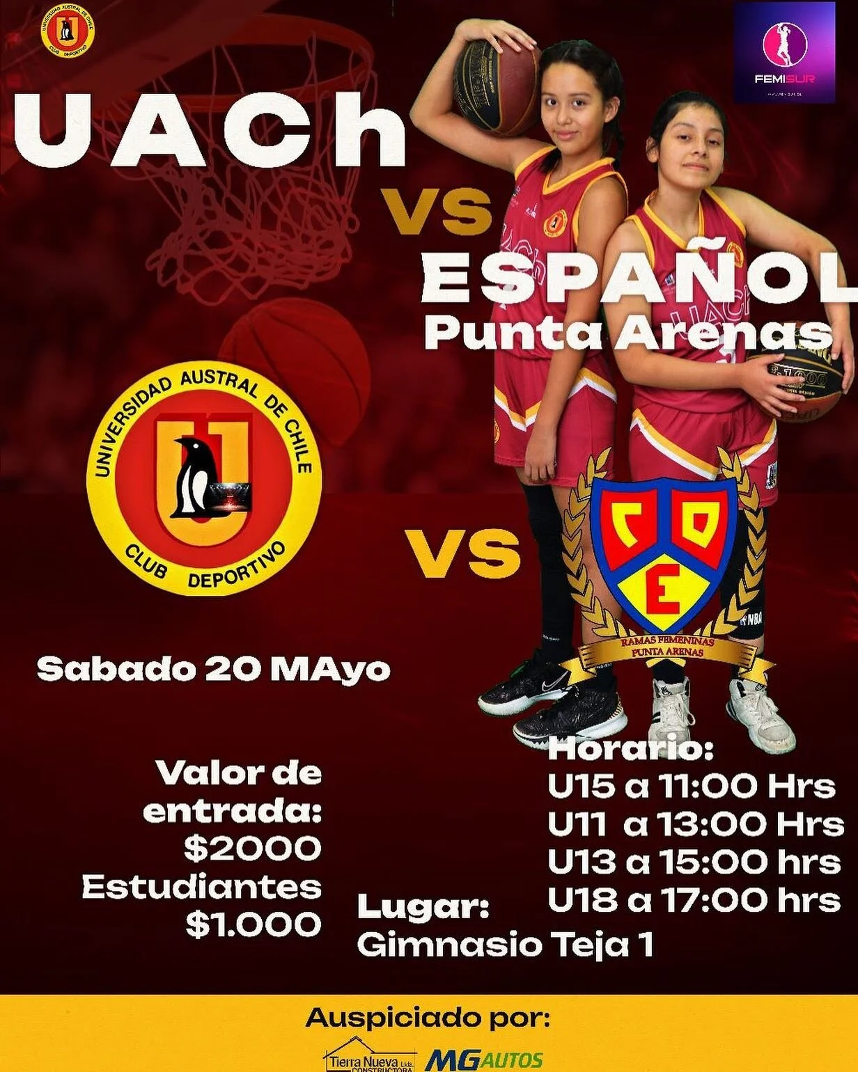 Escuela de Basquetbol invita a apoyar este fin de semana en Teja 1 UACH
🏀FEMISUR🏀
Este S&aacute;bado:
UACH 
🆚 @ESPA&Ntilde;OL Punta Arenas
🕣 Desde las 11:00hrs.
📍 Gimnasio Teja 1

#pinguinas2023 #vamosuach #femisur