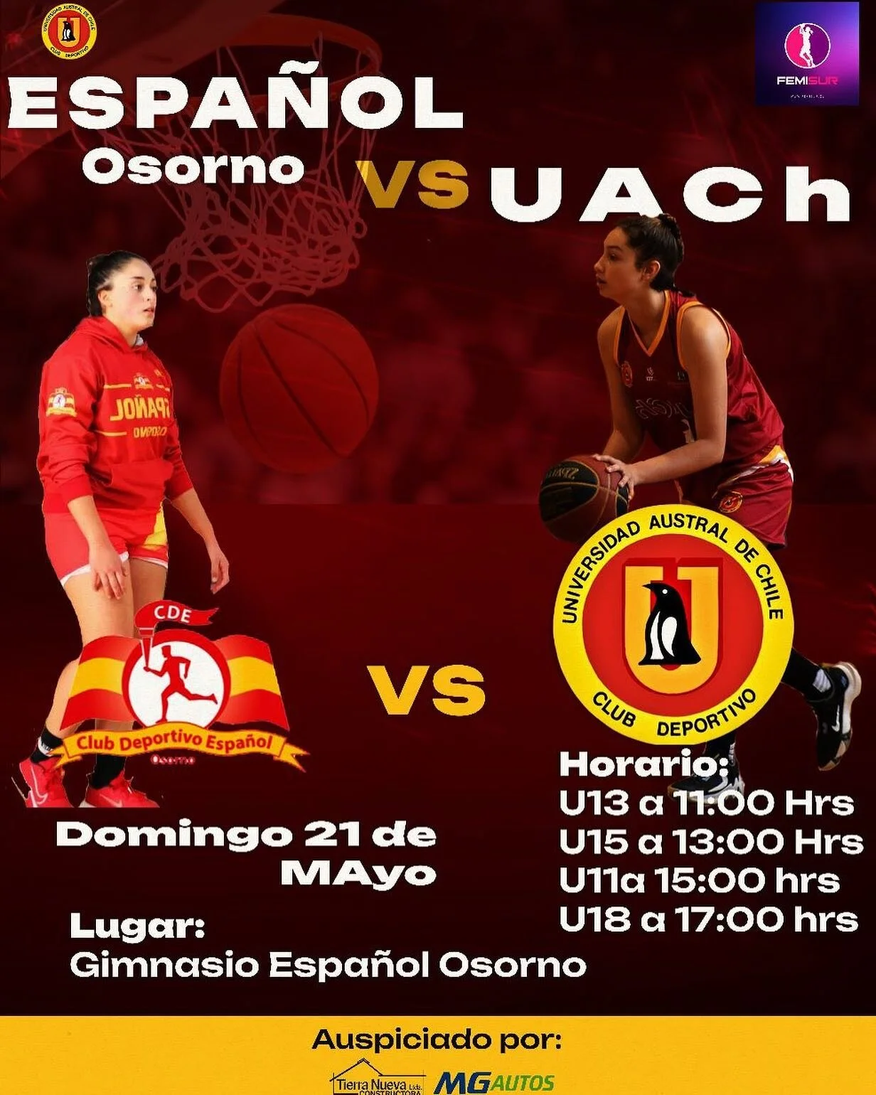 Domingo 21 de Mayo, nos vamos todos a Osorno
🏀FEMISUR🏀
Este S&aacute;bado:
@ CLub Deportivo Espa&ntilde;ol Osorno
🆚 UACH
🕣 Desde las 11:00hrs.
📍 Gimnasio Espa&ntilde;ol

#pinguinas2023 #vamosuach #femisur #espa&ntilde;olosorno