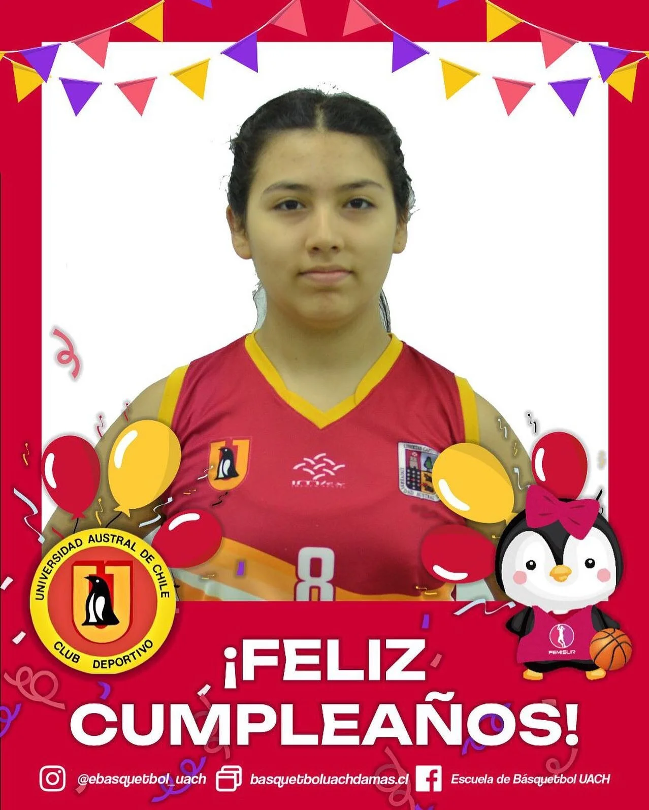 TENEMOS CUMPLEA&Ntilde;OS! 🎂🎉

La Escuela de B&aacute;squetbol UACh le desea un muy FELIZ CUMPLEA&Ntilde;OS!! a Francisca Jaramillo, jugadora de nuestra categor&iacute;a U13

Que disfrutes!! 🎉🎁🎈

#pinguinas2023 #cumpleuach