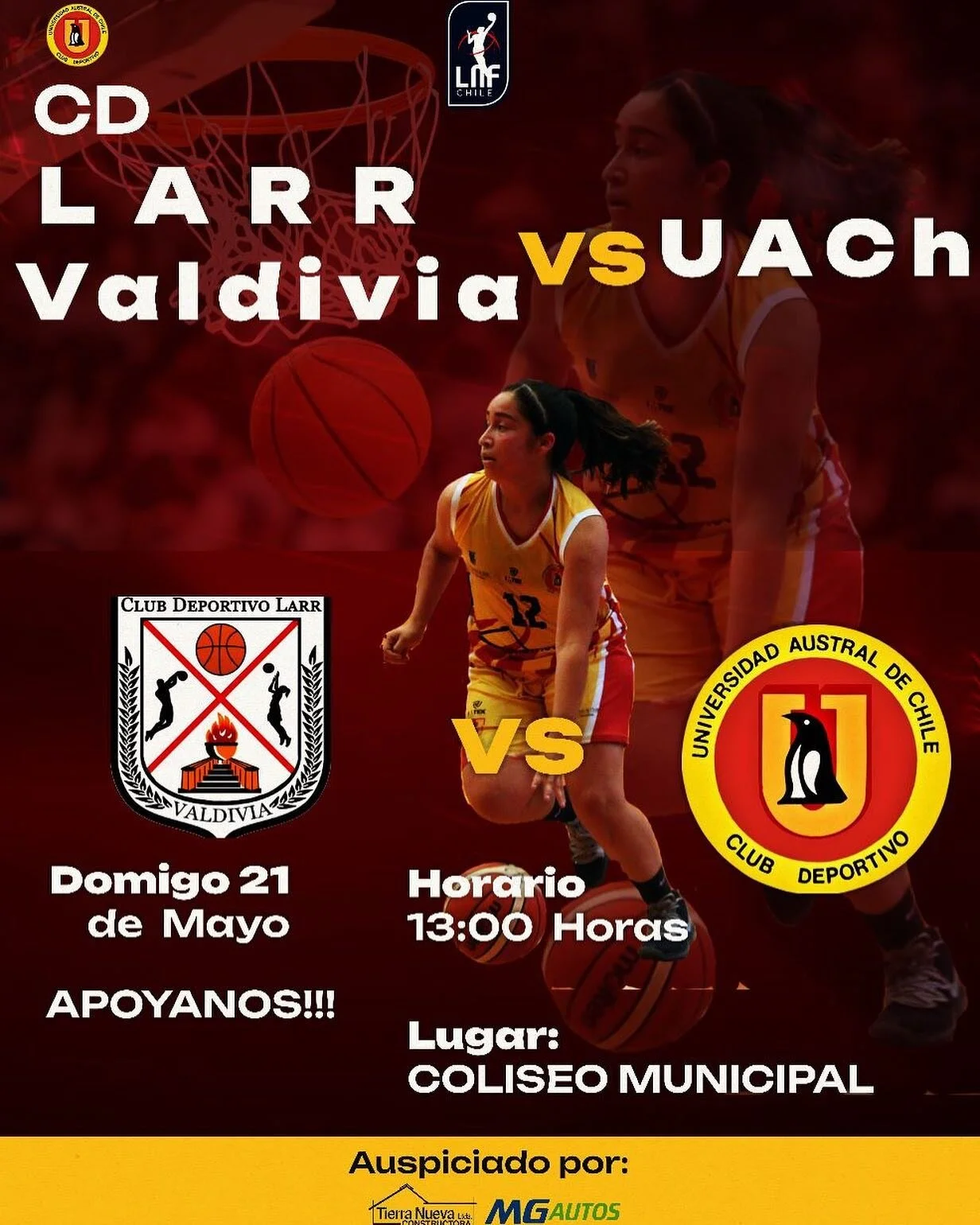 Apoyemos a nuestras universitarias!!!!!
🏀LNF🏀
Este Domingo; 
UACH 
🆚 @cd.larrvaldivia 
🕣 Desde las 13:00 hrs.
📍 Coliseo Municipal

#pinguinas2023 #vamosuach #LNF