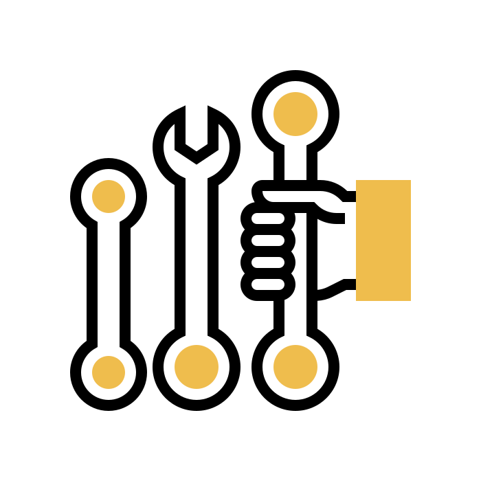 Line art icon of a wrench and a screwdriver with a hand holding the screwdriver.